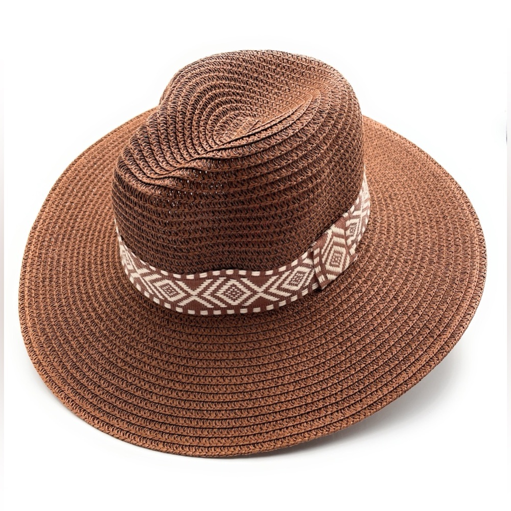 19. Panama Sun Hat with Aztec Band – Boho Wide Brim Summer Hat NWT